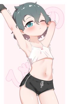 1girl absurdres arm_behind_head armpits arms_up black_hair blue_eyes blush chis_(js60216) closed_mouth commentary_request flat_chest gloves highres kaban_(kemono_friends) kemono_friends looking_at_viewer navel one_eye_closed shirt short_hair shorts simple_background solo stretching