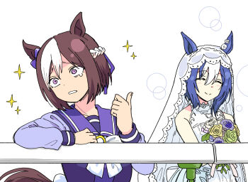 2girls animal_ears back_bow blue_hair bow bowtie braid cesario_(twinbell_queen)_(umamusume) cesario_(umamusume) collarbone commentary crown_braid crying crying_with_eyes_open dress ear_bow fence hair_ribbon half_up_braid head_tilt horse_ears horse_girl horse_tail long_sleeves medalist_(manga) meme multiple_girls pointing_with_thumb purple_bow purple_eyes purple_ribbon purple_sailor_collar purple_shirt ribbon sailor_collar sanpaku scene_reference school_uniform shirt short_hair smug_inori_(meme) sparkle special_week_(umamusume) taguchi_kenji_(omaep) tail tears tracen_school_uniform umamusume upper_body v_arms wedding_dress white_bow white_bowtie white_hair winter_uniform