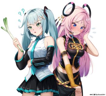 2girls ? absurdres aqua_hair aqua_necktie bare_shoulders black_shirt black_skirt black_sleeves blue_eyes blue_hair blush braid breasts citlali_(genshin_impact) closed_mouth commentary cosplay detached_sleeves english_commentary facial_mark faruzan_(genshin_impact) floating_headgear forehead_mark genshin_impact green_eyes grey_shirt hair_between_eyes hair_ornament hatsune_miku hatsune_miku_(cosplay) headgear highres holding large_breasts long_hair medium_breasts megurine_luka megurine_luka_(cosplay) multiple_girls necktie parted_lips pink_hair pink_pupils ryo-suzuki shirt skirt sleeveless sleeveless_shirt spring_onion sweat symbol-shaped_pupils triangle triangle-shaped_pupils triangle_facial_mark twin_braids twintails very_long_hair vocaloid x_hair_ornament