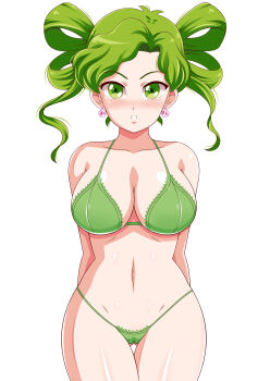 Rule 34 | 1girl, :o, absurdres, armpit crease, bare shoulders, bikini, bishoujo senshi sailor moon, bishoujo senshi sailor moon s, blush, body blush, breasts, cameltoe, cleavage, collarbone, commentary, cowboy shot, earrings, english commentary, green eyes, green hair, groin, helltzujih, highleg, highleg bikini, highres, jewelry, large breasts, linea alba, looking at viewer, micro bikini, navel, nose blush, open mouth, shiny skin, short hair, solo, sphere earrings, standing, string bikini, swimsuit, tellu (sailor moon), thong bikini, witches 5