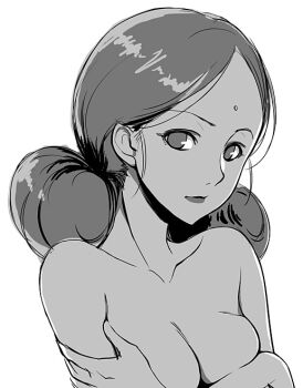 1girl bindi breasts cleavage covering_breasts covering_privates dark-skinned_female dark_skin female_focus fugetsu_taku greyscale gundam lalah_sune lips mobile_suit_gundam monochrome nude simple_background solo twintails upper_body