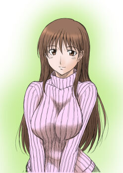 1girl breasts brown_eyes brown_hair female_focus kamisama_dolls large_breasts long_hair misnon_the_great ribbed_sweater shiba_hibino solo sweater turtleneck