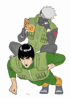 2boys absurdres black_gloves black_hair black_headband black_mask black_pants black_shirt bodysuit book closed_eyes commentary_request exercising fingerless_gloves flak_jacket full_body furrowed_brow gloves green_bodysuit green_vest grey_hair grey_shoes hand_on_own_hip hatake_kakashi head_on_hand headband highres holding holding_book indian_style jacket konohagakure_symbol korean_commentary leg_warmers m0_mo_momo male_focus mask might_guy mouth_mask multiple_boys naruto_(series) open-toe_shoes open_mouth orange_leg_warmers pants push-ups reading shirt shoes short_hair sitting sitting_on_person sweat thick_eyebrows veins veiny_arms vest white_background