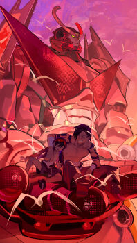 2boys absurdres belt closed_mouth core_drill danbaofan_omuless grin gurren-lagann highres kamina_(ttgl) kamina_shades mecha multiple_boys muscular muscular_male nipples open_mouth robot short_hair shorts simon_(ttgl) simon_shades smile spiral_power studded_belt teeth tengen_toppa_gurren_lagann triangular_eyewear upper_teeth_only yellow_eyes