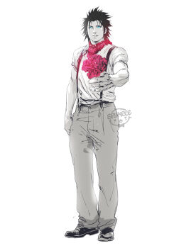 1boy alternate_costume artist_name bandana bandana_around_neck black_hair black_shoes blue_eyes commentary commission crisis_core:_final_fantasy_vii english_commentary final_fantasy final_fantasy_vii flower full_body grey_pants highres holding holding_flower looking_at_viewer male_focus outstretched_arm pants parted_lips pink_flower red_bandana red_scarf scarf shirt shoes short_hair short_sleeves solo spiked_hair spykeee standing suspenders upper_body white_background white_shirt zack_fair