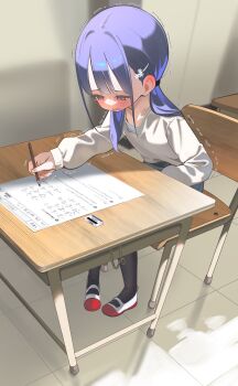 1girl black_pantyhose blue_hair blush chair commentary_request commission desk ear_blush female_masturbation hair_ornament hayakawa_sena_(pei_iriya) highres holding implied_masturbation indoors loli long_hair long_sleeves masturbation original pantyhose pei_iriya shoes sitting skeb_commission solo stealth_masturbation tile_floor tiles trembling uwabaki