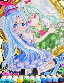 Rule 34 | 2girls, blue dress, blue hair, blue hat, blush, bow, commentary, different reflection, dress, ex-keine, green dress, green hair, hat, horn bow, horn ornament, horns, kamishirasawa keine, long hair, magatama, marker (medium), mirror, multiple girls, photo (medium), puffy short sleeves, puffy sleeves, red bow, reflection, short sleeves, smile, socks, straight hair, sword, tail, touhou, traditional media, very long hair, weapon, white socks, yukinadare kiyotaka