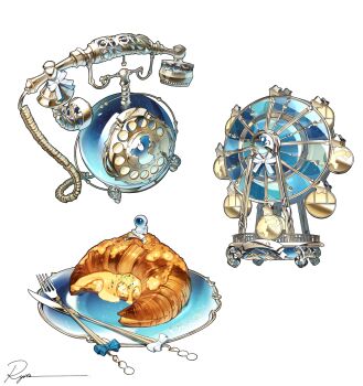 antique_phone blue_bow bow commentary croissant ferris_wheel food fork highres knife no_humans original phone plate rotary_phone ryota_(ry_o_ta) signature simple_background symbol-only_commentary white_background