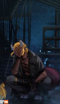 1boy absurdres animal_ears artist_logo artist_name black_bridal_gauntlets black_nails black_shirt blonde_hair bridal_gauntlets cityscape closed_mouth cloud cloudy_sky collarbone commentary commission covered_pectorals dark-skinned_male dark_skin deenial dragon_ears dragon_tail english_commentary fishnet_bridal_gauntlets fishnet_top fishnets grey_horns grey_jacket grey_pants hand_on_own_cheek hand_on_own_face highres hood hood_down hooded_jacket horns indie_virtual_youtuber jacket kobi420 light_particles lips logo looking_to_the_side male_focus midriff night nose pants pectorals purple_tail shirt short_hair sky solo squatting stairs symbol-only_commentary tail toned toned_male virtual_youtuber yellow_eyes