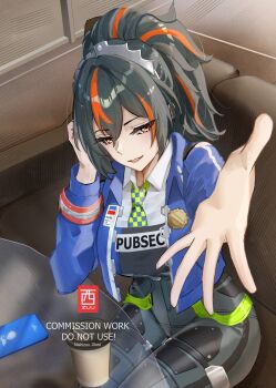 Rule 34 | 1girl, black hair, black pants, blue jacket, breasts, checkered necktie, clenched teeth, commentary, english commentary, green necktie, highres, jacket, large breasts, looking at viewer, multicolored hair, necktie, nishizuu, pants, police, police uniform, policewoman, ponytail, reaching, reaching towards viewer, red eyes, red hair, sitting, solo, streaked hair, teeth, zenless zone zero, zhu yuan