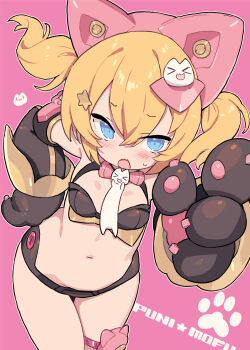 1girl animal_ears animal_hands bikini black_bikini blade_(galaxist) blonde_hair blue_eyes blush breasts cat_ears cat_hair_ornament commentary_request fake_animal_ears fang gloves hair_between_eyes hair_ornament highres leaning_forward looking_at_viewer navel open_mouth original paw_gloves pink_background romaji_text short_hair simple_background skin_fang small_breasts solo swimsuit twintails v-shaped_eyebrows