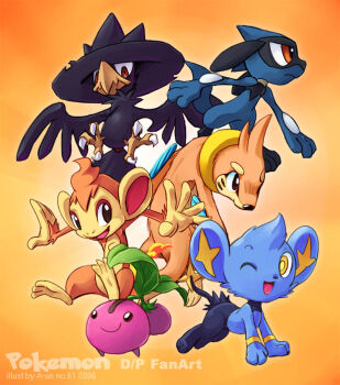 2006 :d ;d artist_name aun61 bird black_eyes brown_eyes cherubi chimchar claws closed_mouth copyright_name creature fiery_tail fire floatzel full_body gen_2_pokemon gen_4_pokemon happy monkey murkrow nintendo no_humans one_eye_closed open_mouth orange_eyes pokemon pokemon_(creature) riolu shinx smile tail yellow_background yellow_eyes