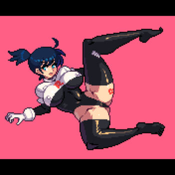 1girl asymmetrical_hair black_hair blue_eyes breasts cosplay fingerless_gloves gloves kneehighs large_breasts machine misty_(pokemon) nintendo open_mouth pixel_art pokemon pokemon:_the_electric_tale_of_pikachu ponytail sex sex_machine side_ponytail socks solo team_rocket team_rocket_(cosplay) thick_thighs thighhighs thighs yumura_kino yumurama