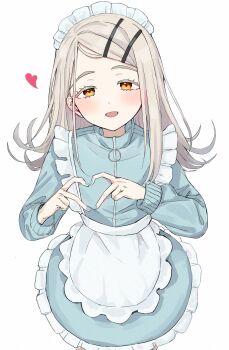 1girl absurdres apron blue_jacket blue_nails blue_skirt blush colored_eyelashes commentary_request earrings fingernails flipped_hair frilled_apron frilled_skirt frills gakuen_idolmaster grey_background grey_hair hair_ornament hairclip hands_up heart heart_hands highres idolmaster issei_draw jacket jersey_maid jewelry long_hair long_sleeves looking_at_viewer maid maid_apron maid_headdress nail_polish open_mouth orange_eyes parallel_hairclips parted_bangs shinosawa_hiro simple_background skirt smile solo stud_earrings track_jacket unconventional_maid upper_body waist_apron white_apron white_headdress zipper