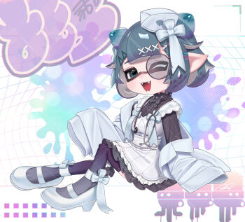 Rule 34 | 1girl, ;d, apron, aqua eyes, aqua hair, beads, black bow, black bowtie, black dress, blue jacket, blue shoes, bow, bowtie, commentary, commission, dress, fangs, full body, gradient hair, hair beads, hair bow, hair horns, hair ornament, hat, highres, indie virtual youtuber, inkling, inkling girl, inkling player character, jacket, long sleeves, looking at viewer, mini hat, monocle, multicolored hair, nintendo, one eye closed, open clothes, open jacket, open mouth, pointy ears, puchiman, purple hair, purple thighhighs, shoes, short hair, signature, skeb commission, sleeves past fingers, sleeves past wrists, smile, solo, splatoon (series), stethoscope around neck, symbol-only commentary, tentacle hair, thighhighs, virtual youtuber, white apron, white bow, white hat, x hair ornament