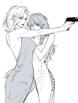Rule 34 | 2girls, aiming, arm up, backless dress, backless outfit, chief (path to nowhere), cowboy shot, dress, female chief (path to nowhere), from side, greyscale, gun, hand on another's waist, highres, holding, holding gun, holding weapon, injury, langley (path to nowhere), monochrome, multiple girls, path to nowhere, songeee 58, standing, weapon, white background, yuri