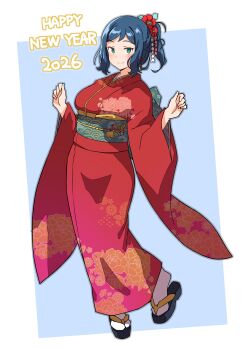 1girl 2026 absurdres batta_16-sei blue_eyes blue_hair blush closed_mouth commentary_request full_body gundam gundam_build_fighters happy_new_year highres iori_rinko japanese_clothes kimono looking_at_viewer new_year obi red_kimono sash short_hair smile socks solo tabi white_socks wide_sleeves