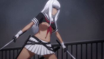 1girl 20s animated animated_gif breasts cloud cloudy_sky dark_skin dual_wielding highres holding holding_sword holding_weapon ikkitousen katana large_breasts long_hair midriff miniskirt navel nipples no_bra one_breast_out railing ryona school_uniform shin_ikkitousen shiny_skin shirt skirt sky solo standing stitched sword third-party_edit torn_clothes torn_shirt weapon wide_hips yamada_asaemon_(ikkitousen)