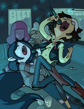 2boys 2girls :o adventure_time adventure_time:_fionna_and_cake barefoot black_hair boots colored_skin cowboy_boots discount-supervillain fangs finn_the_human floating full_body grey_skin grey_sweater highres holding holding_microphone long_hair marceline_abadeer_(cat_sweater) microphone multiple_boys multiple_girls music official_alternate_costume official_alternate_hairstyle open_mouth pants pants_tucked_in pink_hair pink_skin pointy_ears princess_bonnibel_bubblegum simon_petrikov singing smile standing sweater toon_(style) vampire very_long_hair