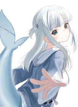 Rule 34 | 1girl, absurdres, blue eyes, blue hoodie, blue streaks, commentary, fins, fish tail, gawr gura, gawr gura (1st costume), grey hair, hair ornament, highres, hololive, hololive english, hood, hoodie, kanae (inorin05kanae), looking at viewer, medium hair, shark girl, shark hair ornament, shark tail, sidelocks, smile, solo, tail, two side up, virtual youtuber, white background