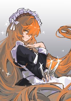 1girl absurdres apron black_dress bow dress hair_bow hand_up highres holding holding_knife ishmael_(project_moon) juliet_sleeves kirisilence knife limbus_company long_sleeves looking_at_viewer maid maid_apron maid_headdress orange_eyes orange_hair project_moon puffy_sleeves solo sparkle upper_body white_apron white_bow wuthering_heights_(identity)_(project_moon)