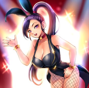1girl animal_ear_hairband animal_ears asymmetrical_bangs bent_over black_hairband black_leotard black_tailcoat bracelet breasts choker cleavage commentary_request cowboy_shot dragon_quest dragon_quest_xi fake_animal_ears fishnet_pantyhose fishnets gold_bracelet gold_trim hairband hand_on_own_hip high_ponytail jewelry large_breasts leotard looking_at_viewer martina_(dq11) multiple_bracelets official_alternate_costume open_mouth pantyhose playboy_bunny ponytail purple_eyes purple_hair rabbit_ears red_choker riko_(k_riko) scene_reference solo sparkle tailcoat_playboy_bunny