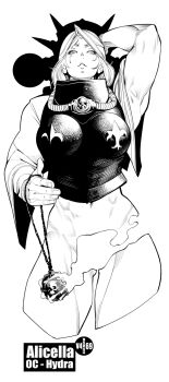 1girl adepta_sororitas arm_up armpits boobplate bottomless breastplate breasts burustandin commentary contrapposto convenient_censoring cropped_legs crying english_commentary greyscale hand_in_own_hair highres holding large_breasts looking_up monochrome muscular muscular_female signature smoke solo streaming_tears tears warhammer_40k