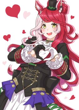 1girl absurdres animal_ears asymmetrical_gloves black_gloves black_jacket blush breasts gloves hair_ornament hat heart heart_hands heart_on_cheek highres horse_ears horse_girl horse_tail jacket long_hair long_sleeves looking_at_viewer loves_only_you_(9927_wishes)_(umamusume) loves_only_you_(umamusume) mismatched_gloves mole mole_on_neck multicolored_hair open_mouth red_hair ribehachi shirt skirt smile solo tail umamusume white_gloves white_shirt white_skirt yellow_eyes