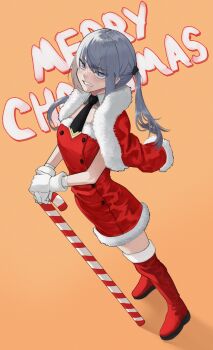 1girl absurdres angry black_necktie black_scrunchie blush boots borrowed_character breasts candy candy_cane cane christmas clenched_teeth collar commentary detached_collar dress dutch_angle english_commentary english_text food full_body fur-trimmed_dress fur-trimmed_sleeves fur_trim gloves grey_hair hair_between_eyes hair_ornament hair_scrunchie highres holding holding_candy holding_candy_cane holding_cane holding_food kobi420 long_hair long_sleeves looking_at_viewer merry_christmas necktie nose open_mouth original own_hands_together portia_(gogalking) purple_eyes red_boots red_dress santa_costume santa_dress scrunchie shadow sidelocks small_breasts solo standing teeth tsundere twintails white_collar white_gloves yellow_background