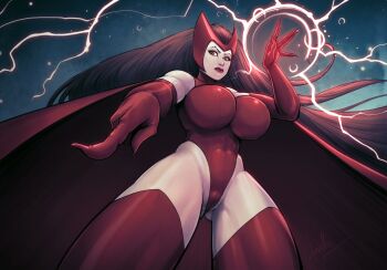 1girl breasts brown_hair cameltoe cape covered_navel devilhs elbow_gloves from_below gloves gluteal_fold hairband highres huge_breasts leotard long_hair looking_at_viewer magic marvel pointing red_cape red_eyes red_gloves red_hairband red_leotard red_lips red_thighhighs scarlet_witch signature solo standing thighhighs tight_clothes wanda_maximoff