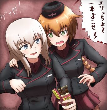 Rule 34 | 2girls, black hat, black jacket, blue eyes, brown hair, commentary request, food, garrison cap, girls und panzer, girls und panzer little army, girls und panzer phase erika, green eyes, grey hair, haiiro purin, hat, highres, jacket, kuromorimine military uniform, long hair, multiple girls, pocky, red shirt, sheska (girls und panzer), shirt, short hair, takahashi natsumi, translation request