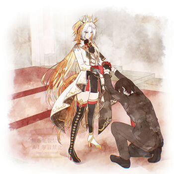 1boy 1girl ahoge animal_ears ascot black_ascot black_gloves black_hair black_jacket black_pants black_skirt black_socks black_suit black_thighhighs blue_eyes coat commentary_request ear_covers ear_ornament formal_clothes gem gloves green_gem highres holding_hands horse_ears horse_girl horse_tail jacket kneeling long_hair long_sleeves multicolored_hair orange_hair orfevre_(control)_(umamusume) orfevre_(umamusume) pants shirt shoes short_hair single_ear_cover skirt socks suit tail thighhighs trainer_(umamusume) two-tone_hair umamusume white_coat white_hair yue_(lov_n_n)