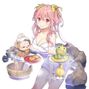 1girl bathing bra breasts character_doll coffee_milk commentary_request doll hair_rings kaeru_ouji long_hair medium_breasts monkey onsen pink_eyes pink_hair piyokichi_(uchihime) rie_(reverie) rock ron_cercle towel uchi_no_hime-sama_ga_ichiban_kawaii underwear very_long_hair washbowl white_bra