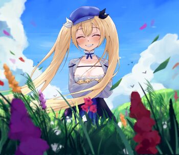 Rule 34 | 1girl, arms under breasts, blonde hair, blue shirt, blue skirt, blush, breasts, cleavage, closed eyes, cloud, cloudy sky, commentary, day, dokibird, dokibird (retro doki), dragoon (dokibird), english commentary, falling leaves, falling petals, floral background, flower, hat, highres, indie virtual youtuber, leaf, long hair, medium breasts, outdoors, petals, pyrokuro, shirt, skirt, sky, smile, standing, teeth, twintails, very long hair, virtual youtuber, wind
