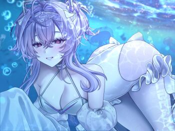 1girl air_bubble breasts bubble cleavage detached_sleeves frills goddess_of_victory:_nikke huazhimaru0 leotard liberalio_(nikke) looking_at_viewer pantyhose purple_hair red_eyes sleeves_past_wrists solo submerged underwater white_leotard white_pantyhose