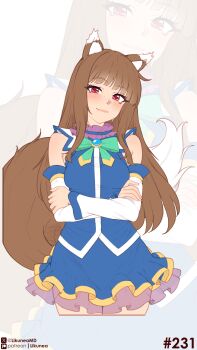 1girl absurdres animal_ears aqua_(konosuba) aqua_(konosuba)_(cosplay) blue_skirt blush breasts brown_hair closed_mouth commentary cosplay crossed_arms detached_sleeves english_commentary fang highres holo kono_subarashii_sekai_ni_shukufuku_wo! light_smile likunea long_hair looking_at_viewer medium_breasts patreon_logo patreon_username red_eyes skirt smile spice_and_wolf tail twitter_username twitter_x_logo white_sleeves wolf_ears wolf_girl wolf_tail zoom_layer