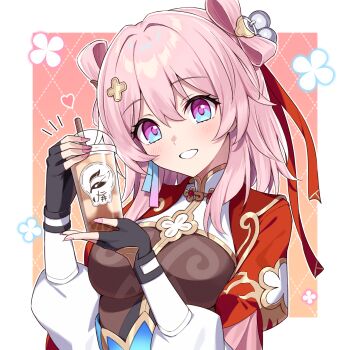 1girl black_gloves blue_eyes blush bow-shaped_hair breasts brown_dress commentary_request cup disposable_cup dotted_line dress drinking_straw fingerless_gloves fingernails gloves hair_between_eyes hands_up heart highres holding holding_cup honkai:_star_rail honkai_(series) jacket long_fingernails long_hair long_sleeves looking_at_viewer march_7th_(honkai:_star_rail) march_7th_(hunt)_(honkai:_star_rail) medium_breasts notice_lines outline pink_hair pink_nails puffy_long_sleeves puffy_short_sleeves puffy_sleeves purple_eyes red_jacket sharp_fingernails short_sleeves smile solo t@ke-g upper_body white_outline