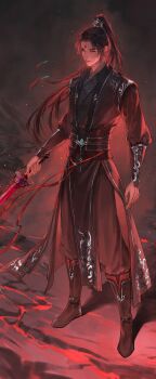 Rule 34 | 1boy, absurdres, backlighting, beads, black background, black boots, black hanfu, black pants, boots, chinese clothes, closed mouth, commentary request, curtained hair, demon, embers, floating hair, hair ribbon, hanfu, high ponytail, highres, holding, holding sword, holding weapon, knee boots, lava, light particles, long hair, long sleeves, looking at viewer, luo binghe, male focus, pants, parted bangs, pelvic curtain, ponytail, red eyes, red light, red ribbon, renzha fanpai zijiu xitong, ribbon, side slit, silver trim, solo, standing, sword, underground, v-shaped eyebrows, vambraces, very long hair, weapon, xin mo, yunchuan 1013, zuiyin