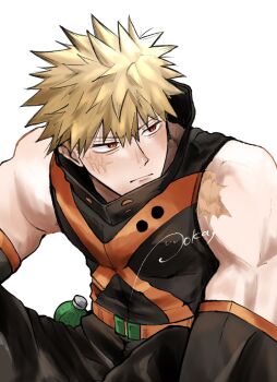 1boy bakugou_katsuki belt blonde_hair boku_no_hero_academia broad_shoulders closed_mouth commentary detached_sleeves explosive facial_scar frown grenade highres male_focus orange_belt pants pokapoka_el red_eyes scar scar_on_cheek scar_on_face scar_on_shoulder shirt short_hair signature simple_background sitting sleeveless sleeveless_shirt solo spiked_hair symbol-only_commentary white_background
