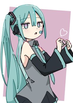 1girl absurdres aqua_eyes aqua_hair aqua_necktie auhuheben17 black_skirt black_sleeves border detached_sleeves grey_shirt hair_ornament hatsune_miku headphones heart highres necktie pink_background shirt skirt sleeveless sleeveless_shirt solo twintails upper_body vocaloid white_border