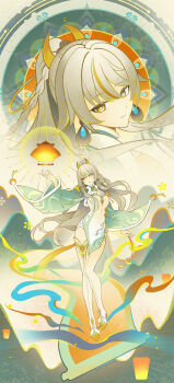 Rule 34 | 1girl, absurdres, breasts, chinese commentary, closed mouth, commentary request, crescent, crescent hair ornament, dress, earrings, floating, full body, genshin impact, grey hair, hair ornament, high ponytail, highres, jewelry, lantern, long hair, looking at viewer, mountain, multicolored hair, paper lantern, ponytail, sky lantern, smile, solo, streaked hair, thighhighs, very long hair, white dress, white hair, wide sleeves, xiancaigangzi potto, yellow eyes, zibai (genshin impact)