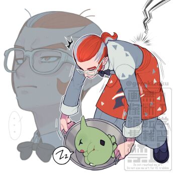 ... 1boy absurdres apron black_pants bow bowl bowtie closed_eyes commentary_request curled_up gen_2_pokemon gerokizoku glasses grisham_(pokemon) highres holding holding_bowl larvitar long_sleeves male_focus multicolored_hair multiple_views nintendo open_mouth pants pokemon pokemon_(creature) pokemon_legends:_z-a ponytail red_apron red_eyes red_hair shirt sideburns simple_background sleeping sleeve_cuffs speech_bubble spoken_ellipsis spoken_zzz streaked_hair watermark white-framed_eyewear white_background white_hair white_shirt zzz