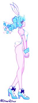 1girl blue_hair bow bowtie dizzyisdizzy from_side full_body hatsune_miku high_heels leotard playboy_bunny solo standing vocaloid white_background white_leotard wrist_cuffs