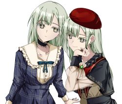 2girls :/ arm_at_side arms_at_sides ascot bang_dream! bang_dream!_it&#039;s_mygo!!!!! belt belt_buckle beret black_capelet black_choker black_collar black_skirt black_sleeve_cuffs blue_dress blue_ribbon bucishiro buckle capelet center_frills choker closed_mouth collar collarbone colored_eyelashes commentary_request cowboy_shot dress dual_persona earrings fingernails frilled_choker frilled_collar frills gold_trim green_brooch green_hair hair_between_eyes hand_on_own_chin hand_up hat highres indonesian_commentary jewelry light_smile long_hair long_sleeves looking_at_another looking_at_viewer mortis_(bang_dream!) mortis_(costume)_(bang_dream!) mortis_(persona)_(bang_dream!) multiple_girls neck_ribbon no_mask plaid_clothes plaid_dress red_capelet red_hat ribbon see-through_clothes see-through_sleeves shirt sidelocks simple_background single_earring skirt striped_capelet swept_bangs wakaba_mutsumi white_background yellow_ascot yellow_eyes yellow_shirt