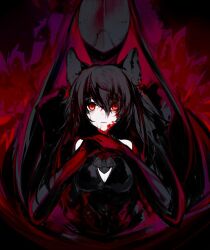 Rule 34 | 1girl, 1other, animal ear piercing, animal ears, black background, black dress, black gloves, black hair, blood, blood in hair, blood on face, blood on hands, breasts, cleavage, closed mouth, crying, crying with eyes open, death (granblue fantasy), dress, expressionless, gloves, granblue fantasy, hair between eyes, hands on another&#039;s neck, highres, large breasts, long bangs, long hair, looking at viewer, messy hair, nier (granblue fantasy), orange eyes, red background, solo, tears, tears from one eye, tugmix, upper body