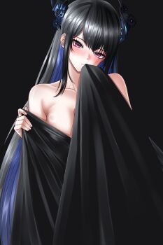 1girl asymmetrical_horns bare_shoulders bed_sheet black_background black_hair blue_hair breasts colored_inner_hair demon_horns flower highres hololive hololive_english horn_flower horns large_breasts long_hair looking_at_viewer mole mole_under_eye multicolored_hair naked_sheet nerissa_ravencroft red_eyes shinraizuku shiny_skin simple_background solo two-tone_hair uneven_horns virtual_youtuber
