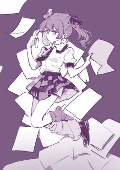 Rule 34 | cellphone, checkered clothes, checkered skirt, flip phone, full body, highres, himekaidou hatate, holding, holding phone, iwakoo, limited palette, paper, phone, purple background, shirt, short sleeves, short twintails, skirt, touhou, twintails, white shirt