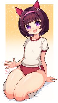 1girl absurdres animal_ears blunt_bangs blush brown_hair buruma collarbone ear_covers gician_l gym_shirt hair_ornament hairband highres horse_ears horse_girl looking_at_viewer nishino_flower_(umamusume) open_mouth pink_hairband purple_eyes red_buruma seiza shirt short_hair short_sleeves sitting smile socks thighs tracen_training_uniform umamusume white_shirt white_socks x_hair_ornament