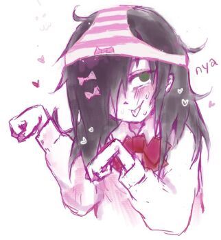 1girl :p black_hair blush bow bow_panties bowtie commentary english_commentary eyebrows_hidden_by_hair green_eyes hair_bow hair_over_one_eye heart inuyth kuroki_tomoko long_sleeves medium_hair messy_hair multiple_hair_bows object_on_head one_eye_covered panties panties_on_head paw_pose pink_panties red_bow red_bowtie romaji_text simple_background solo striped_clothes striped_panties sweat tongue tongue_out underwear upper_body watashi_ga_motenai_no_wa_dou_kangaetemo_omaera_ga_warui! white_background