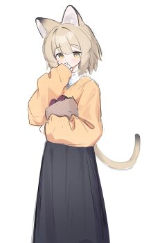 Rule 34 | 1girl, absurdres, animal ear fluff, animal ears, bag, black skirt, brown eyes, brown hair, cat ears, cat girl, cat tail, commentary, food, grocery bag, hand to own mouth, hand up, highres, long sleeves, looking at viewer, original, puffy long sleeves, puffy sleeves, riya (01214), shirt, shopping bag, simple background, skirt, sleeves past wrists, solo, sweater, sweet potato, symbol-only commentary, tail, white background, white shirt, yellow sweater